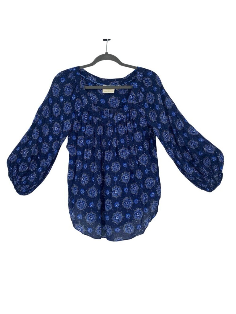 Anthropologie Maeve Size 6 Navy Blue Peasant Floral 3/4 Sleeve Shirt Blouse
